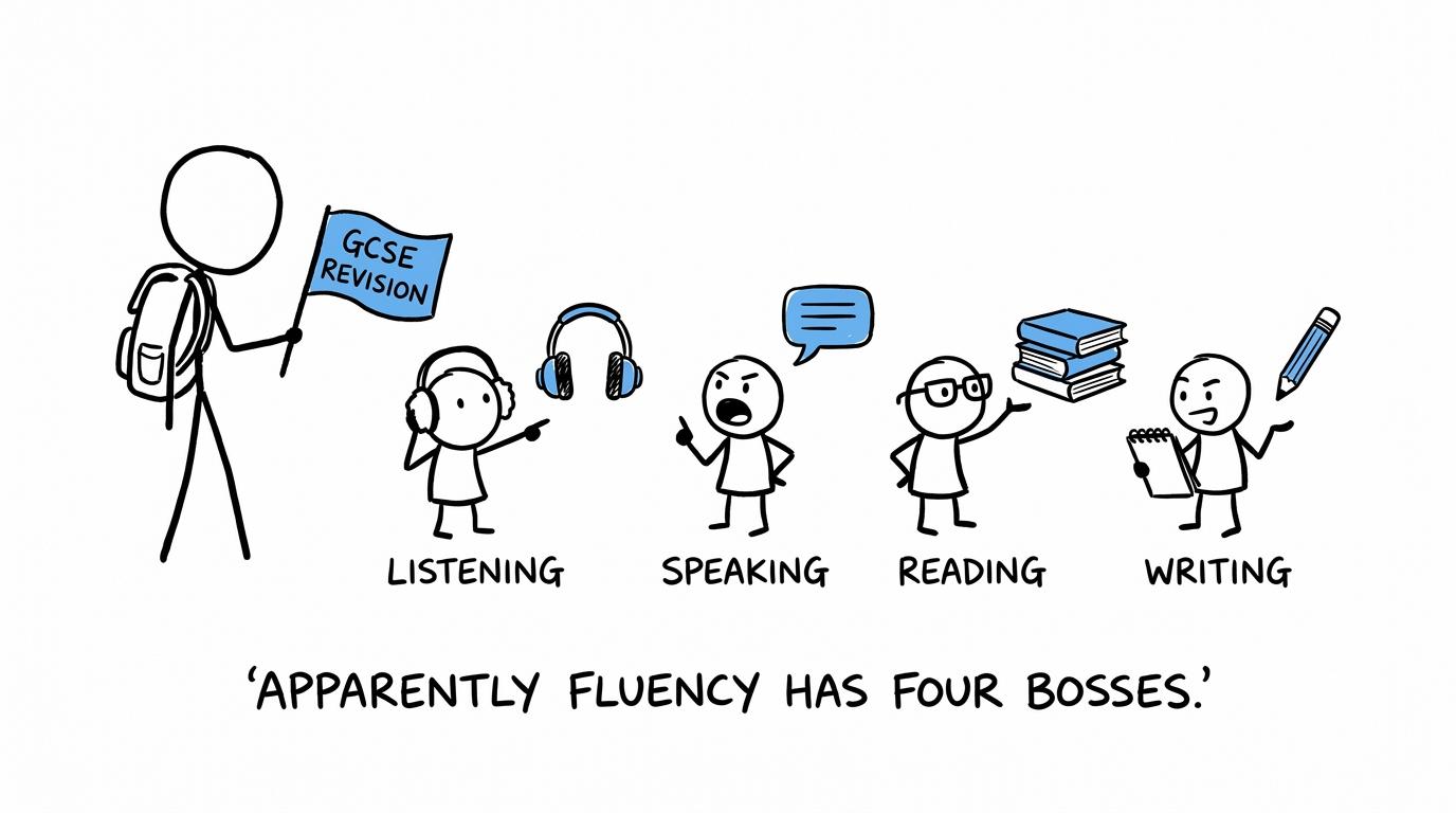 Four cartoon revision creatures representing listening, speaking, reading and writing demand different study tools