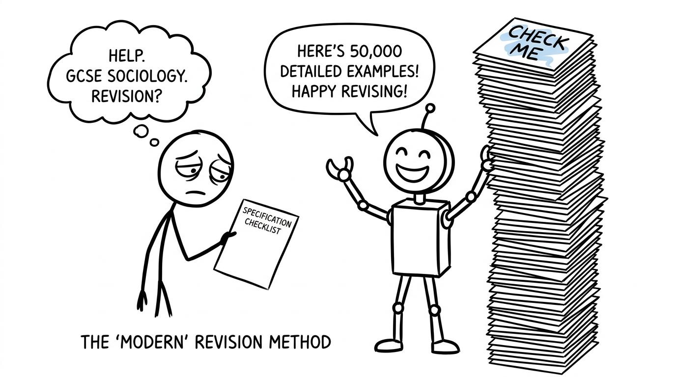 A student choosing a specification checklist over an enormous pile of AI-generated flashcards