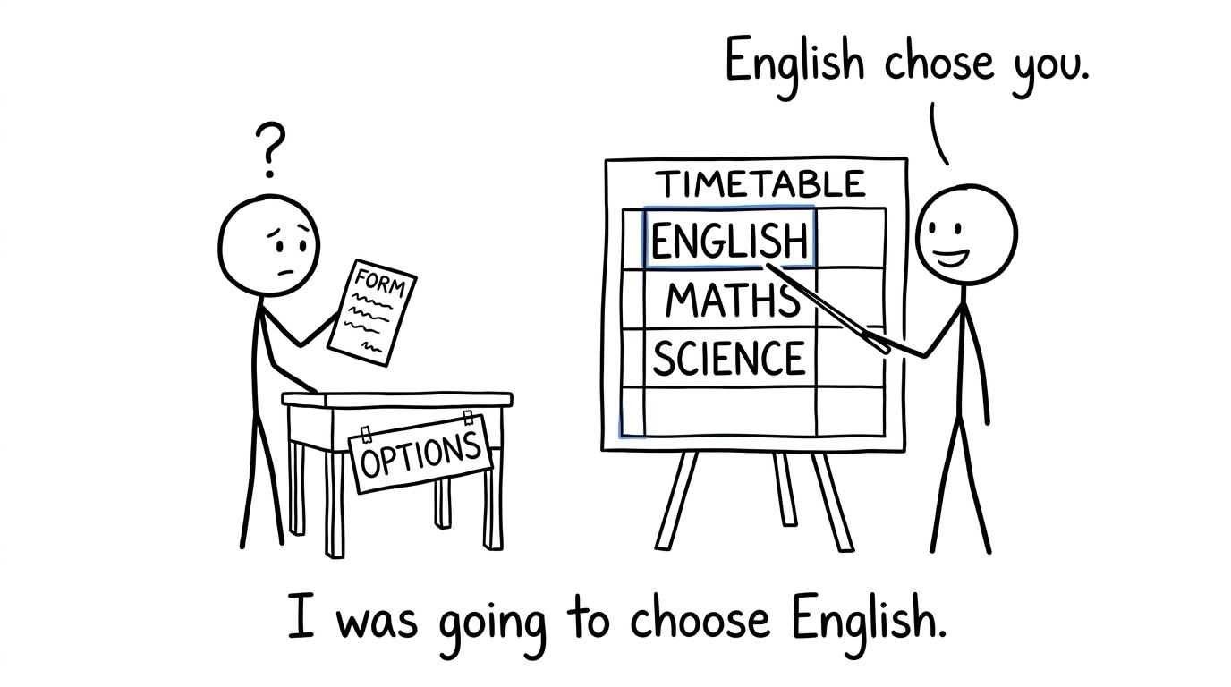 A student discovers that English was already on the timetable