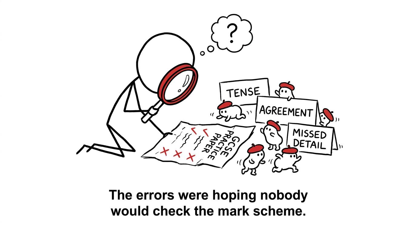 A revision detective catches grammar mistakes trying to escape from a marked paper