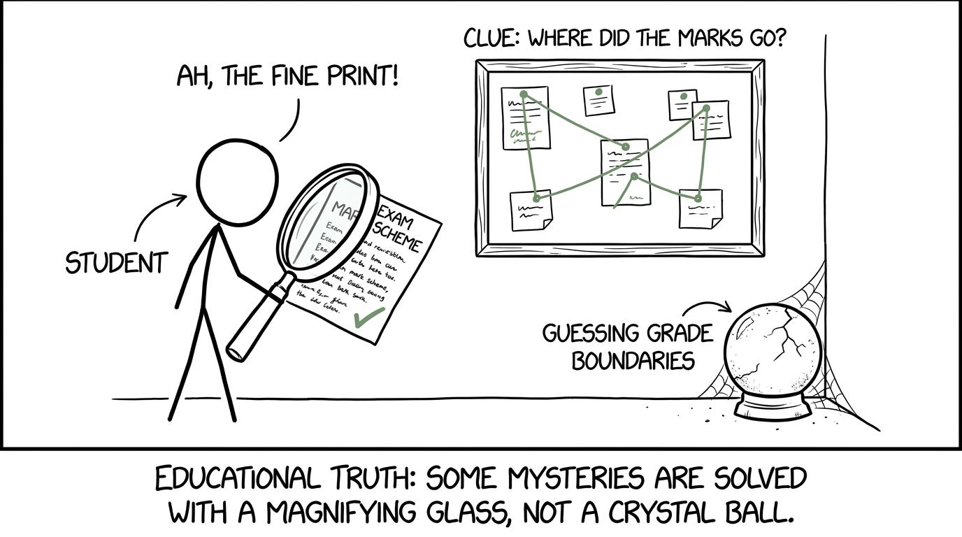 A student investigates lost marks while ignoring a grade-boundary crystal ball