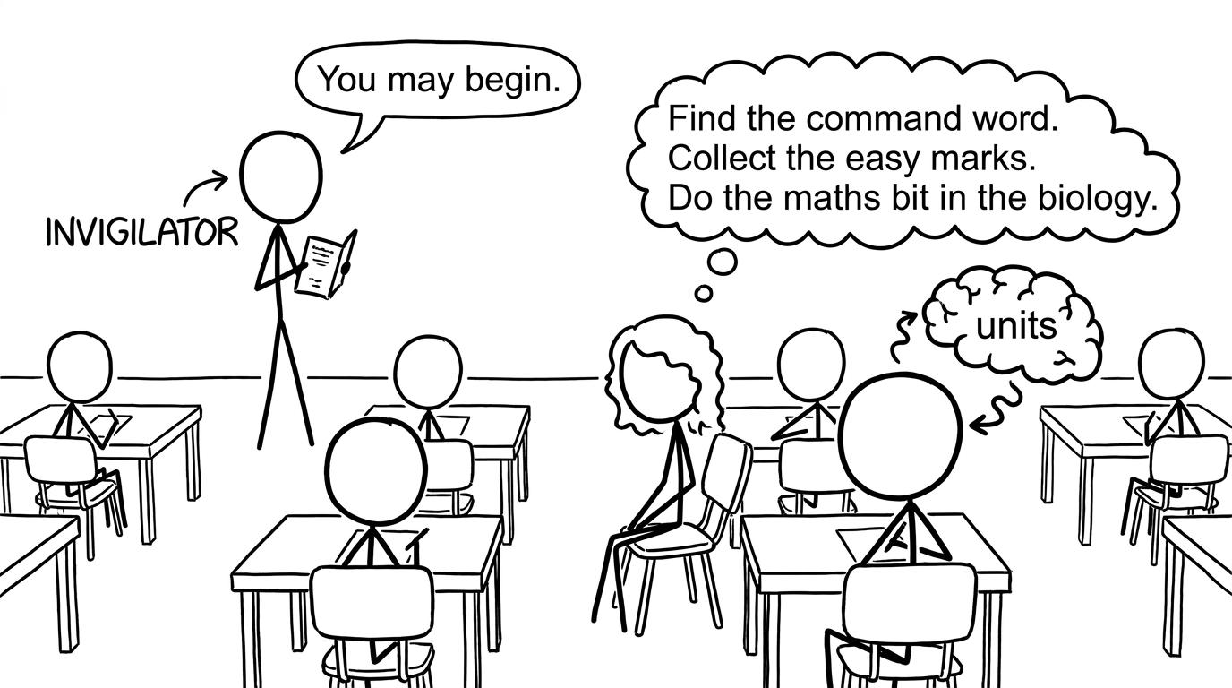 Exam hall scene focusing on command words and units