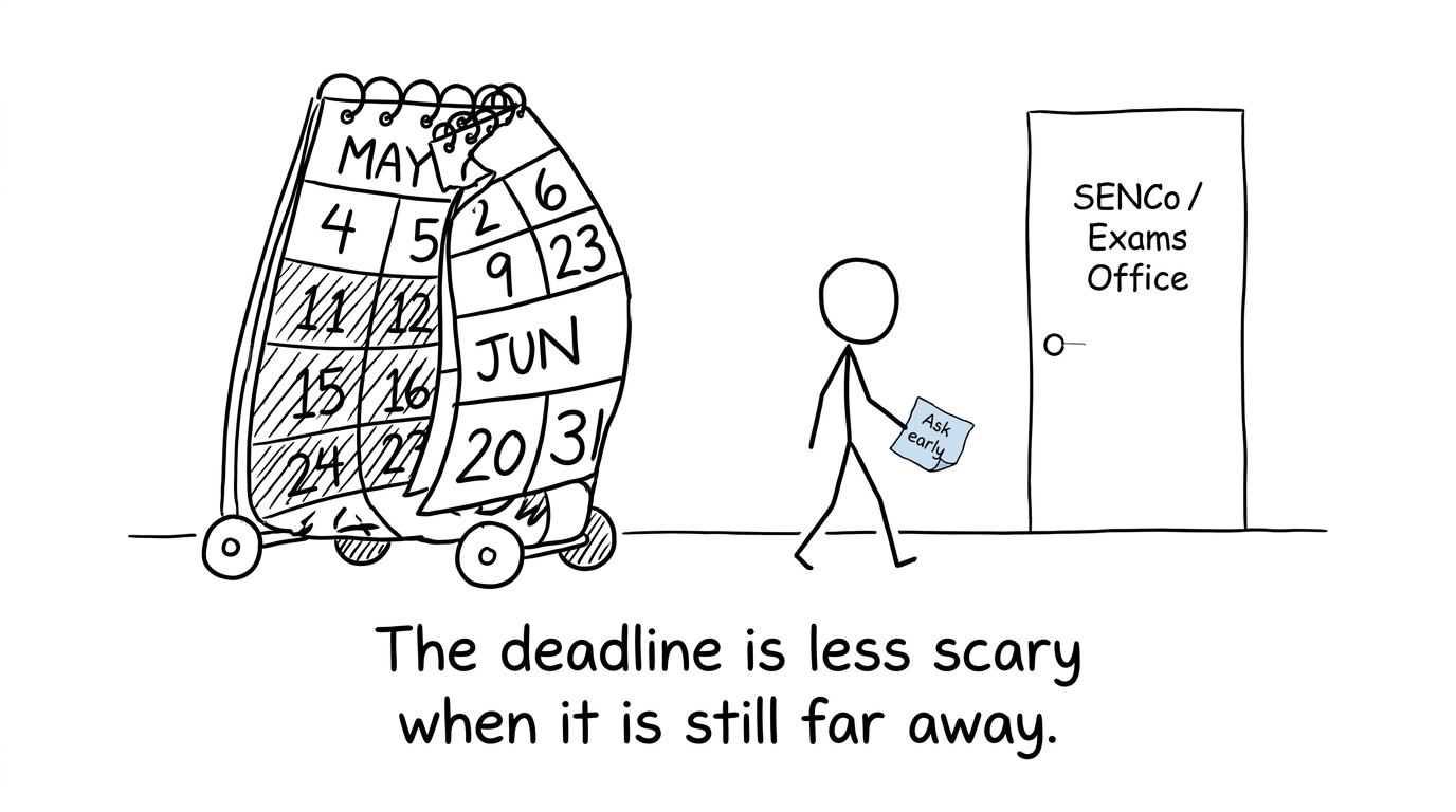A student calmly reaches the exams office before a giant deadline calendar