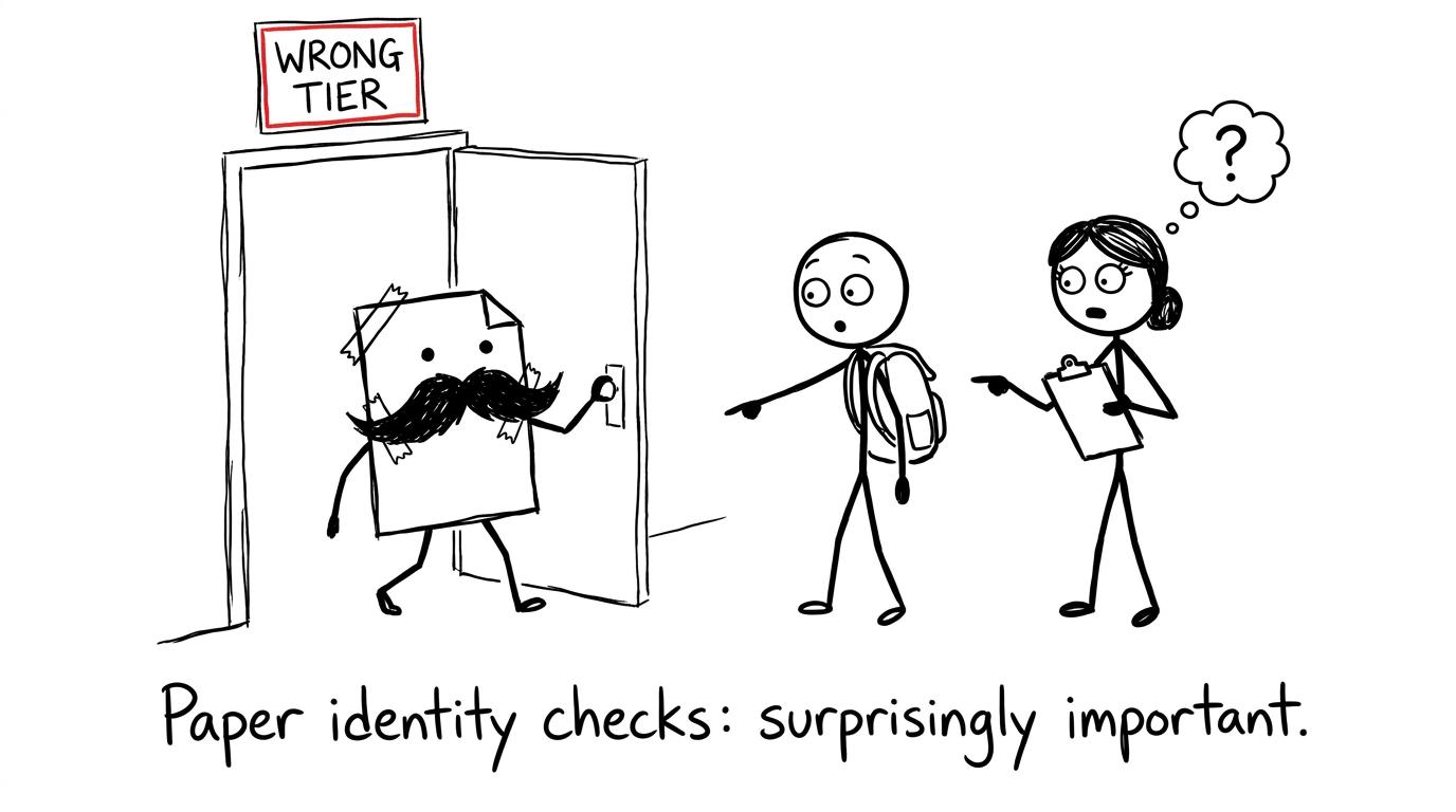 An exam paper in disguise is caught approaching the wrong-tier door