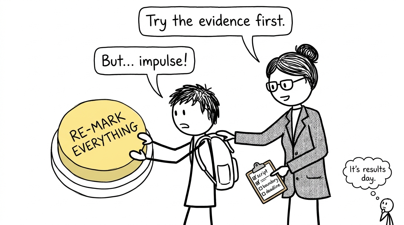 A giant re-mark button being replaced by a sensible evidence checklist