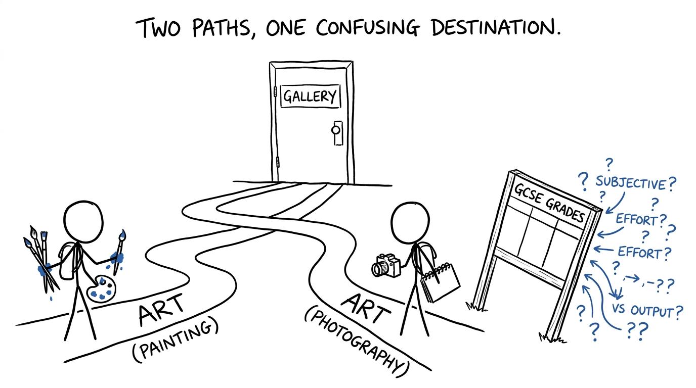 Two students take different creative paths towards the same gallery rather than using a comparison scoreboard
