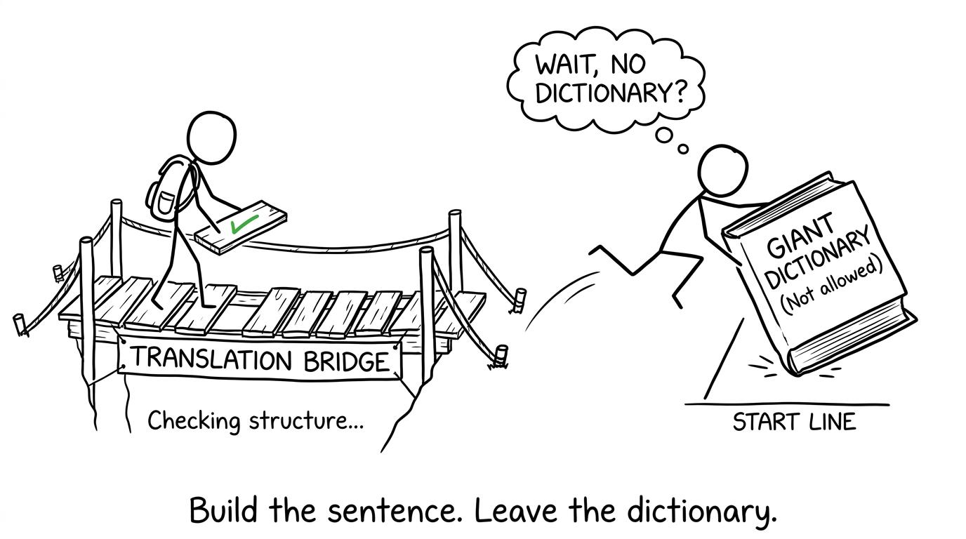 A careful translation bridge being built while the dictionary stays outside