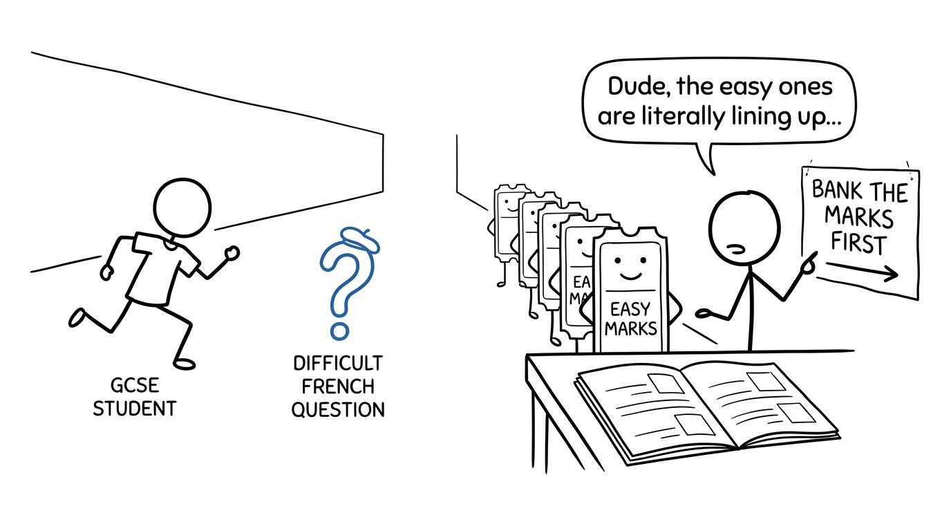A student is tempted to chase one difficult question while easy marks wait nearby