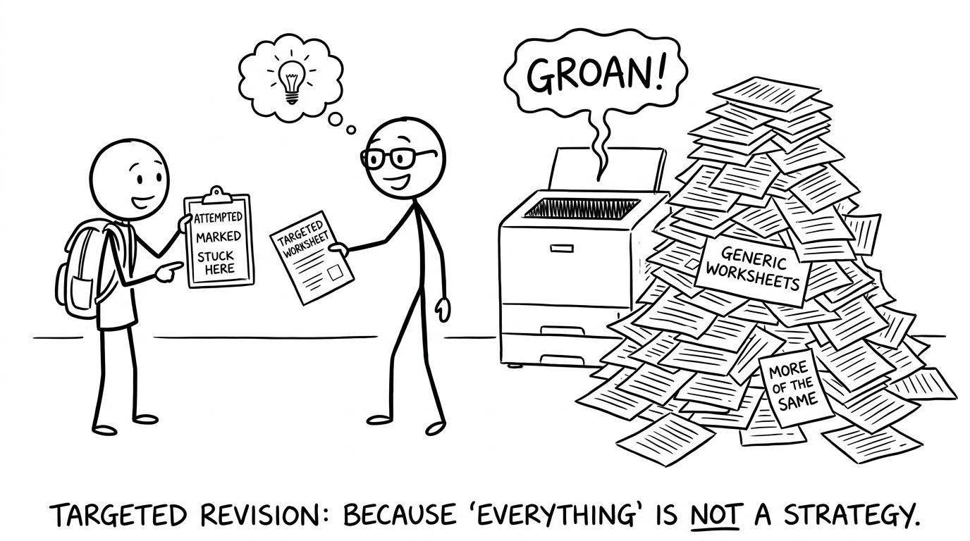 A prepared student receives targeted material while the generic worksheet printer struggles