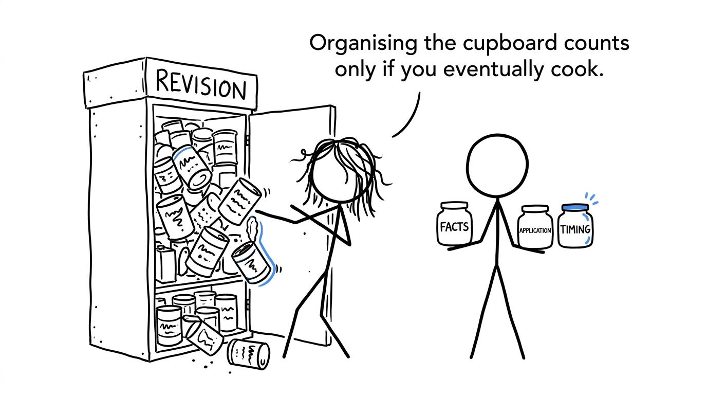 A chaotic revision cupboard beside three useful priorities