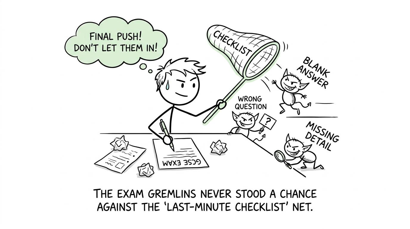 A student catches blank-answer and missing-detail gremlins during the final check