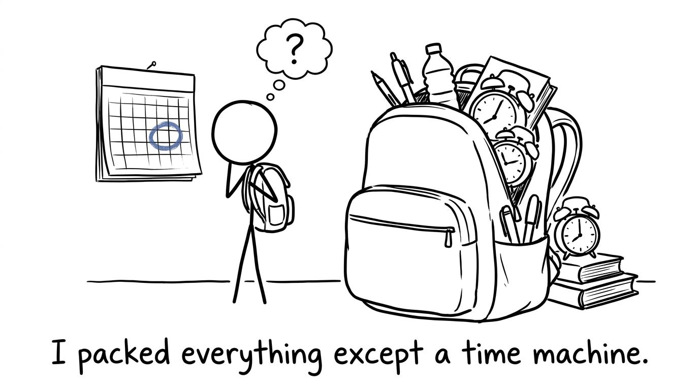 A student beside an extremely overprepared exam bag and a circled calendar date