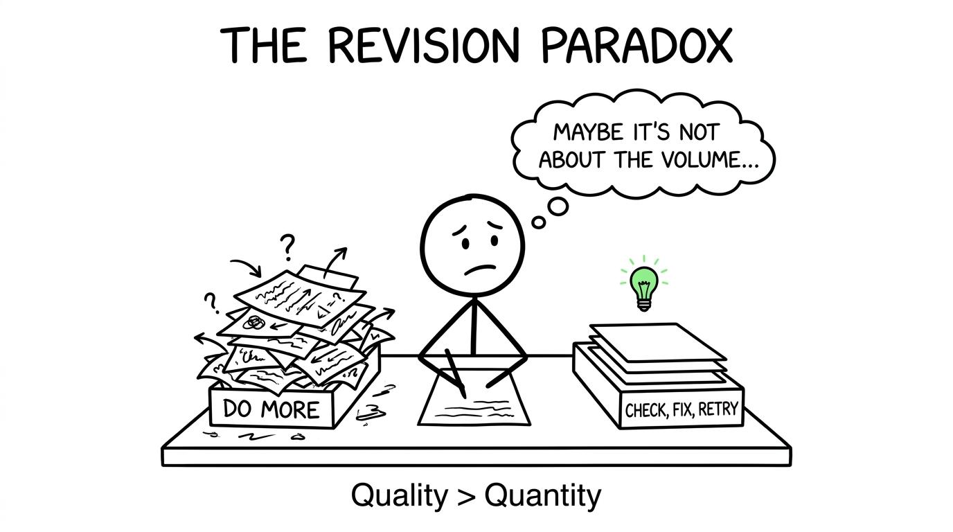 Two revision trays contrast doing more work with checking, fixing and retrying
