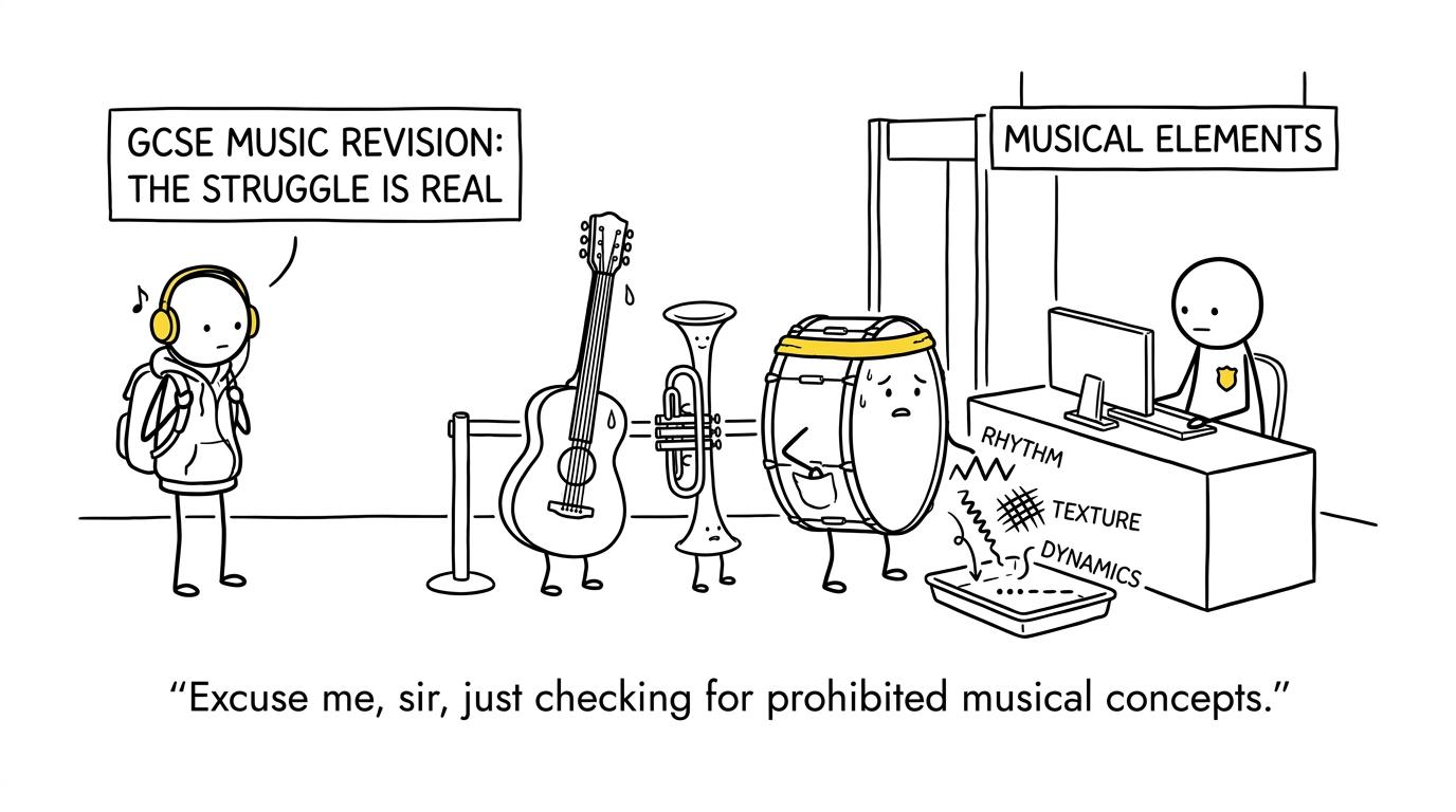 Cartoon instruments pass through musical-elements security