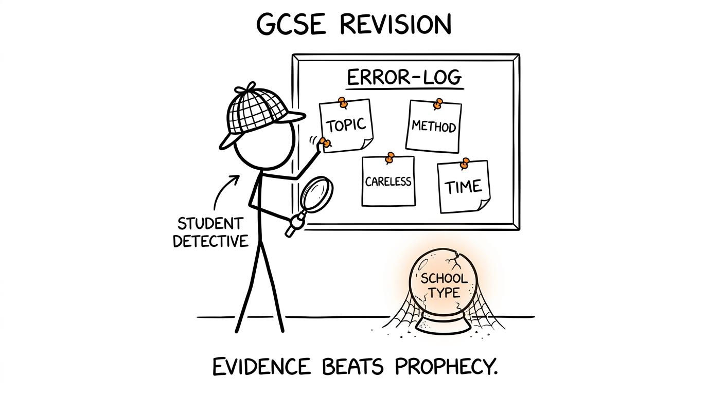 A student detective builds an error log while a school-type crystal ball gathers dust