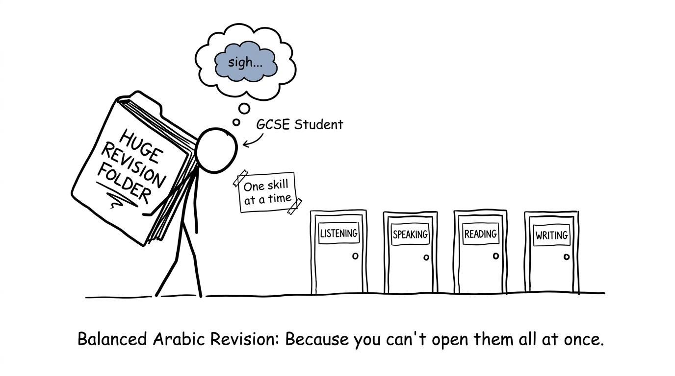 A student approaching four revision doors one skill at a time