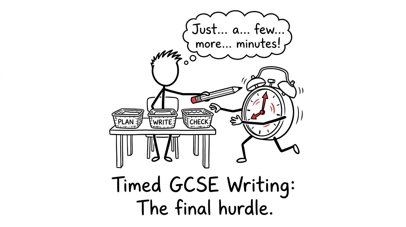 A clock tries to steal checking time from a student's plan-write-check routine