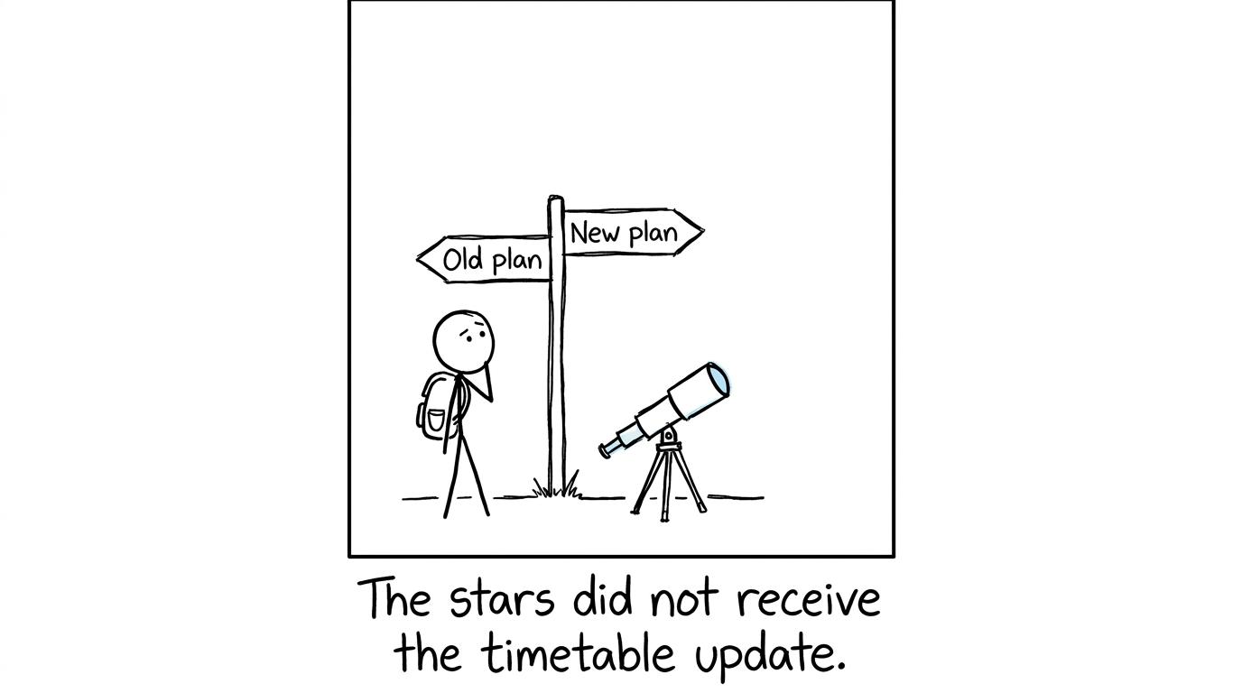 A student faces a changed course signpost while the telescope remains calmly pointed at the sky