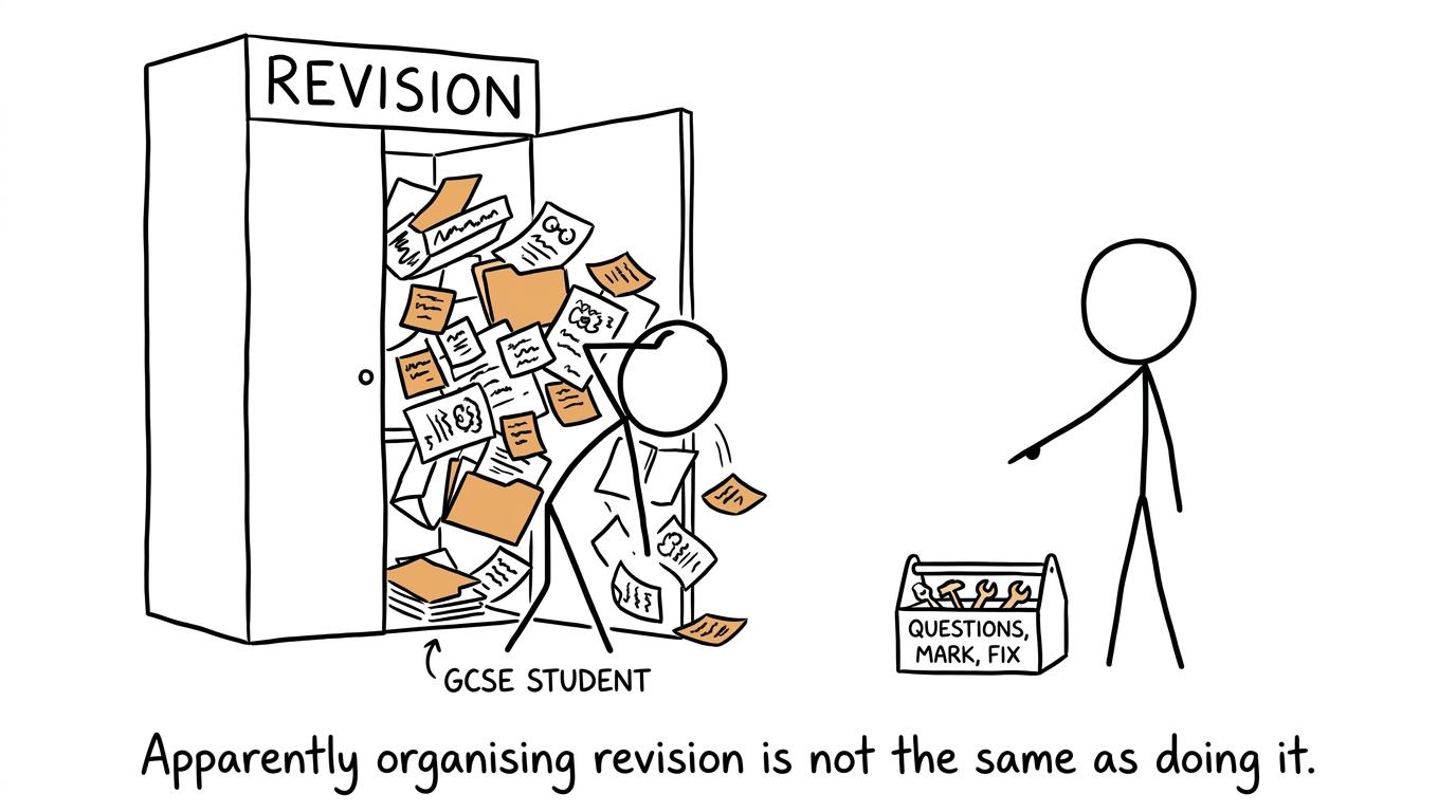 A student buried under revision notes while a calm figure recommends questions, marking and fixing