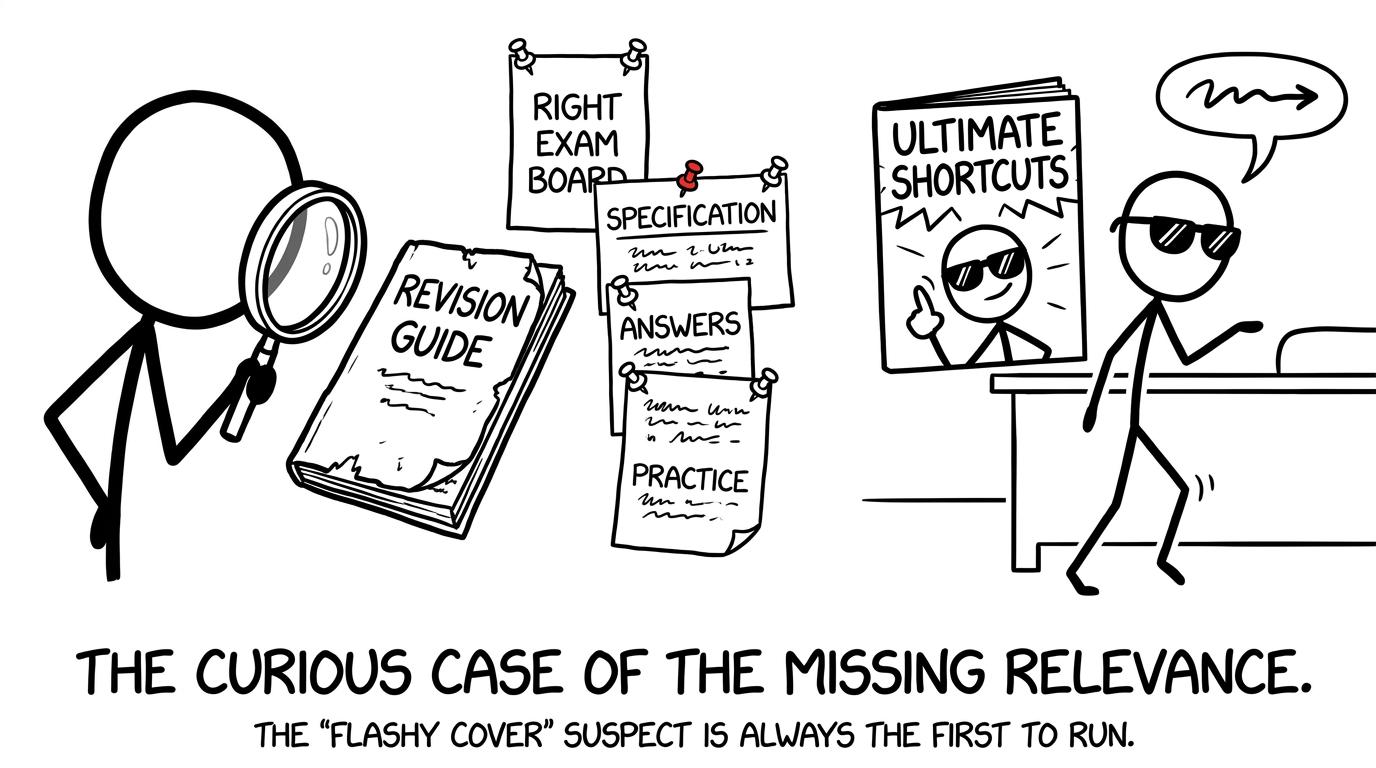 A student detective checks a revision guide for specification clues