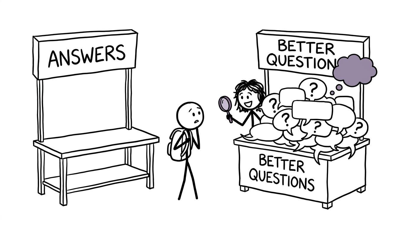A student discovers that the best subject stall offers better questions rather than easy answers