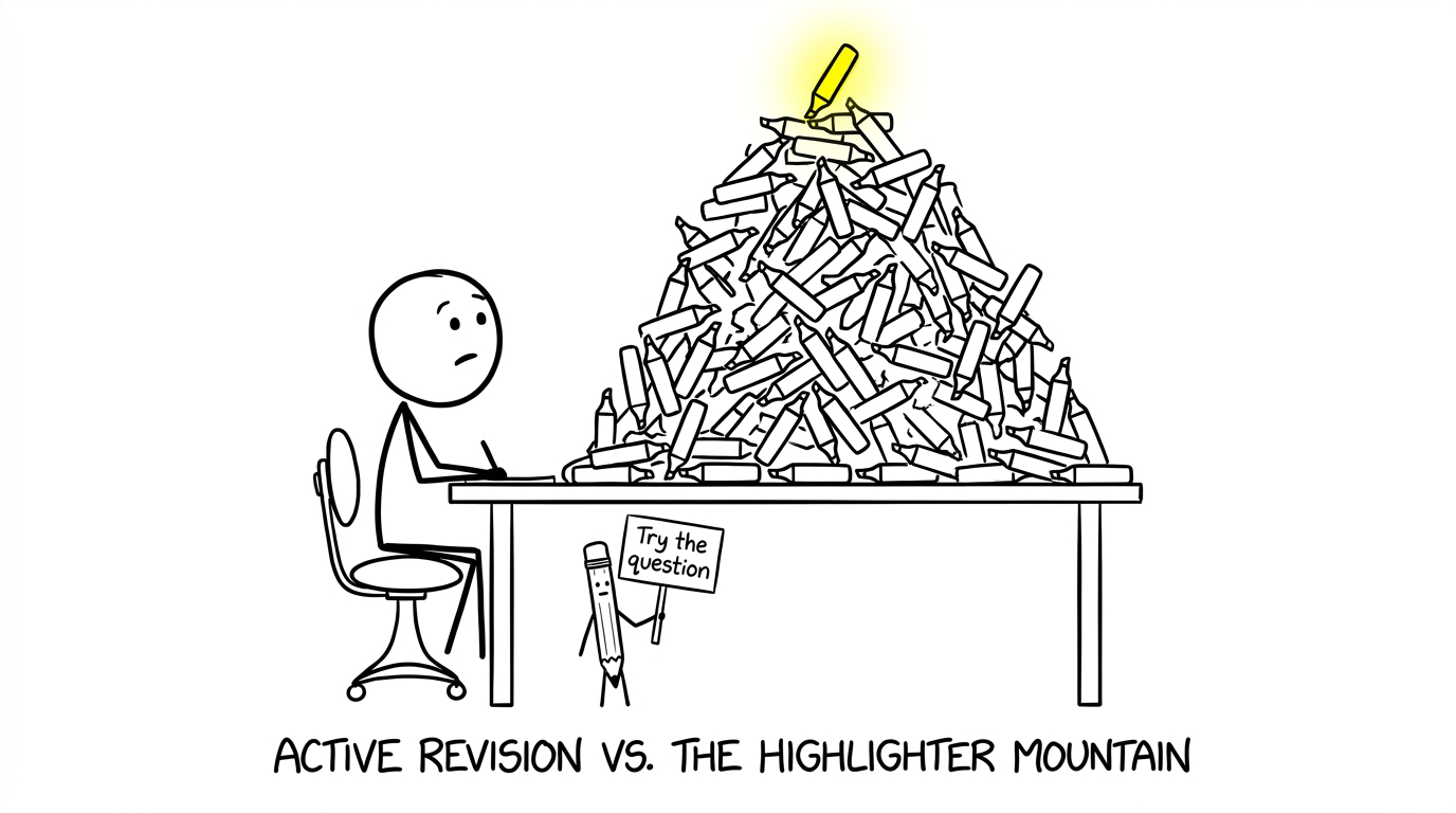 A sensible pencil challenges a mountain of revision highlighters
