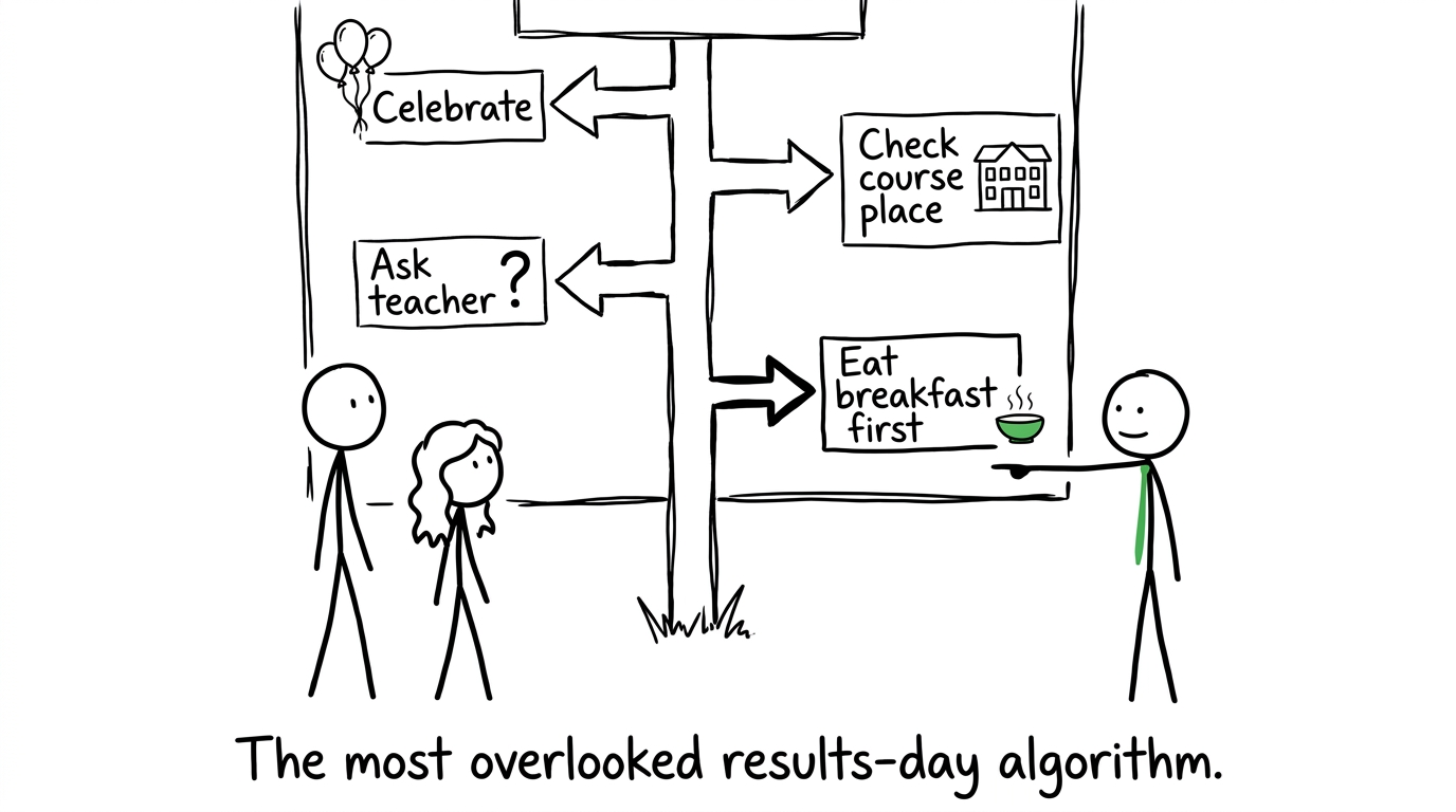 A teacher points students towards breakfast on an elaborate results-day flowchart