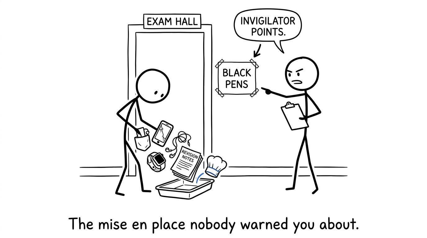 A student removes every forbidden object before entering the exam hall