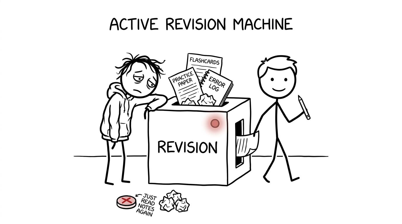 A revision machine turning active practice into calm exam readiness