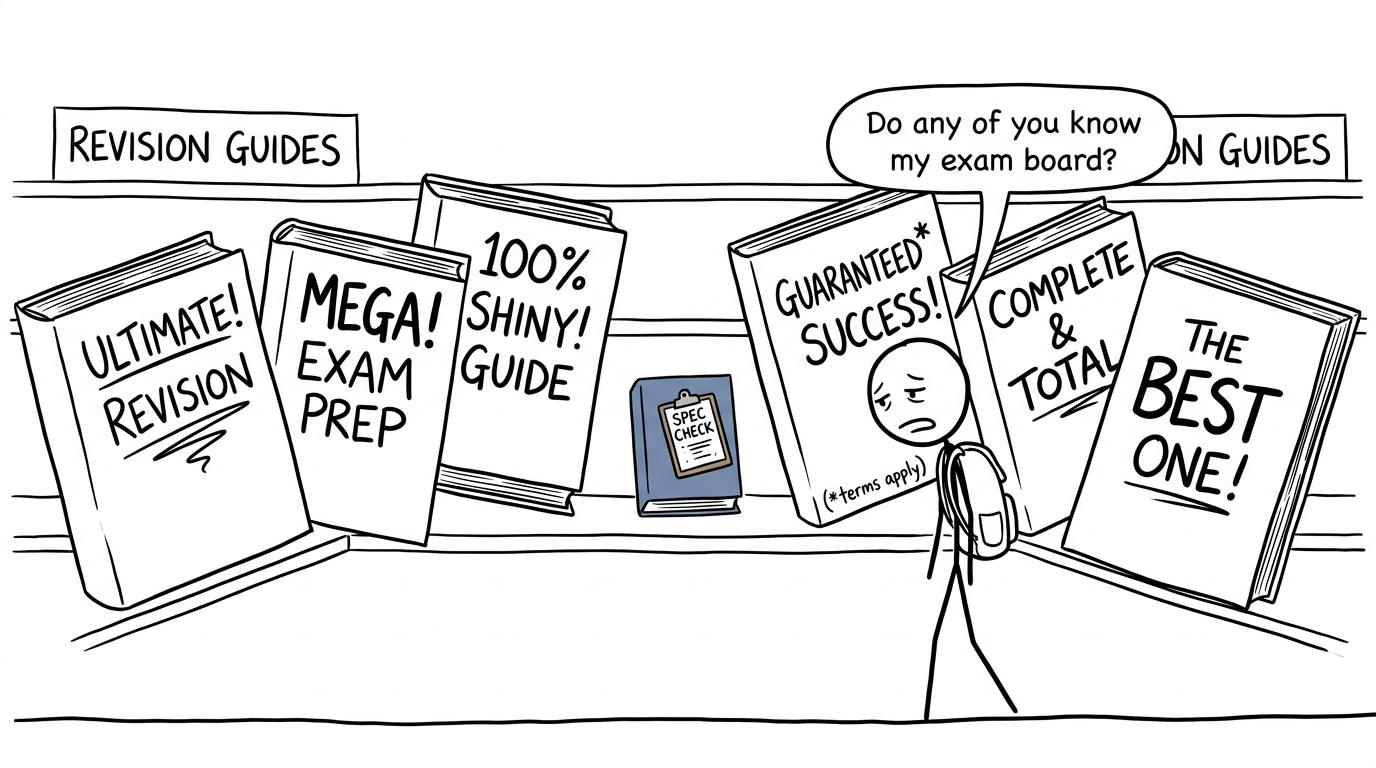 A student asks a shelf of shiny revision guides whether any knows their exam board