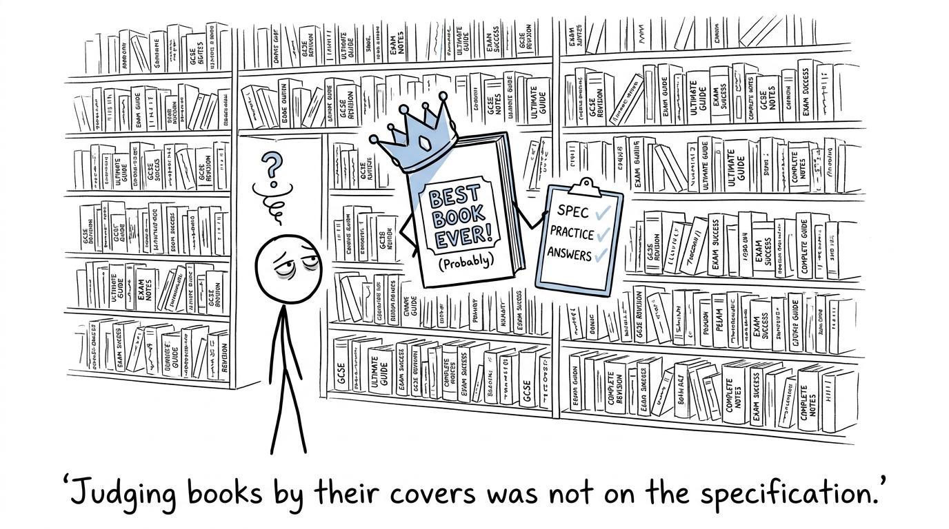 A student discovers that judging revision guides by their covers is not on the specification