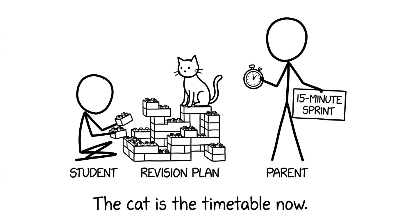 A student builds a revision plan, then the cat sits on it