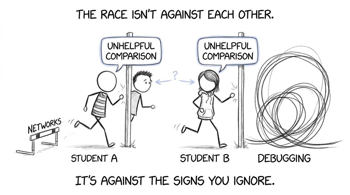 Two students look sideways during completely different obstacle courses