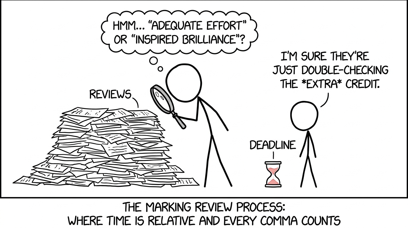 An examiner racing a tiny deadline hourglass while reviewing papers
