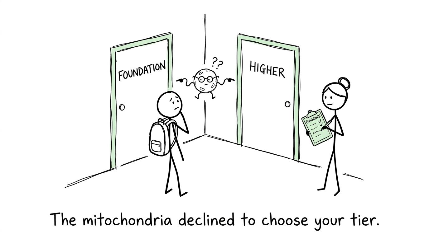 A student choosing between Foundation and Higher while a cell avoids responsibility