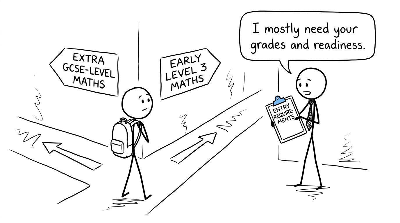 A student choosing between extra GCSE-level maths and early Level 3 maths while an admissions tutor checks entry requirements