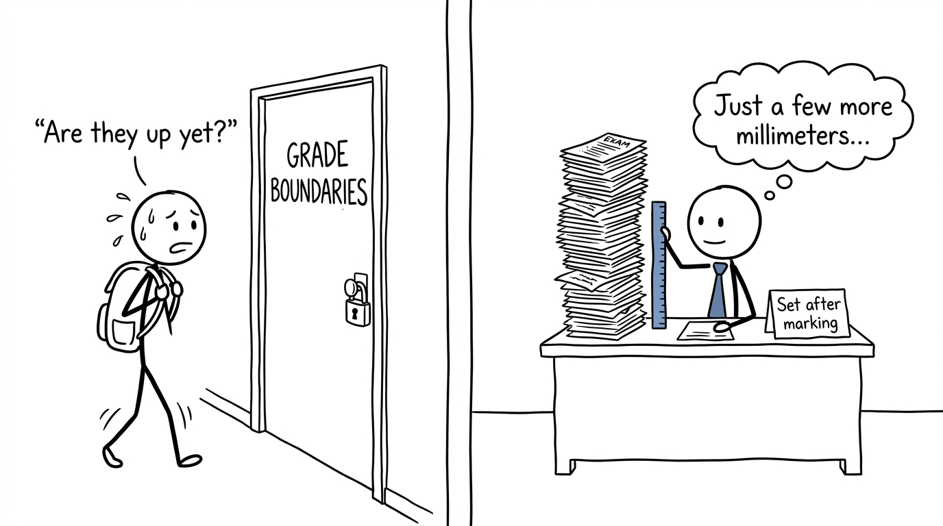 A student waiting while examiners finish setting grade boundaries