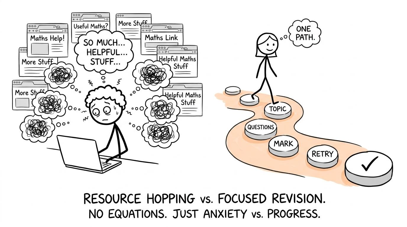 One student overwhelmed by browser tabs while another follows a simple revision path