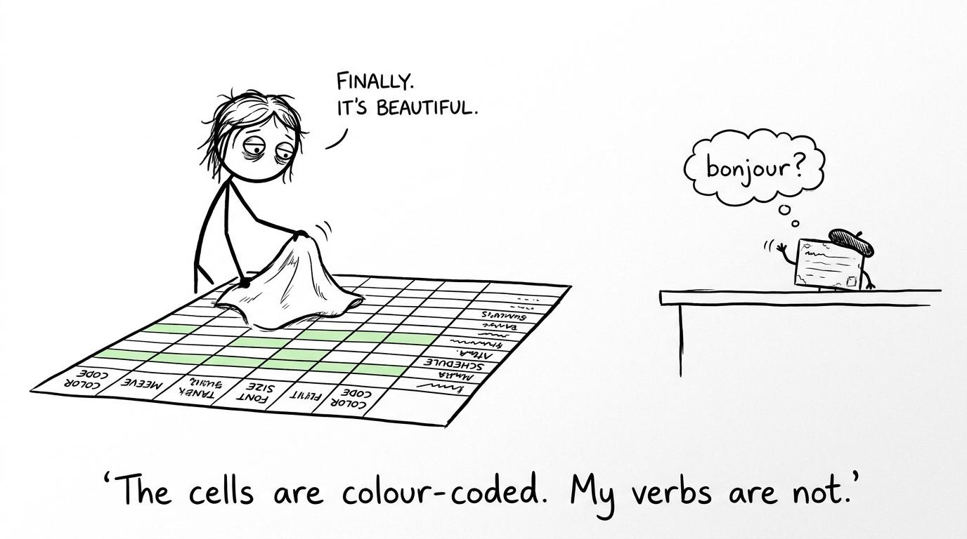 A student colour-coding a spreadsheet while a neglected French flashcard waits nearby
