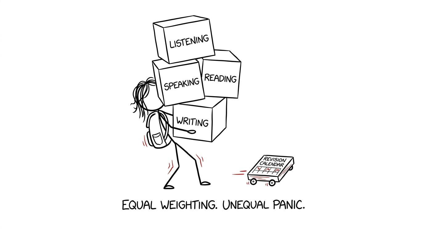 A student balancing four language skills while a revision calendar escapes