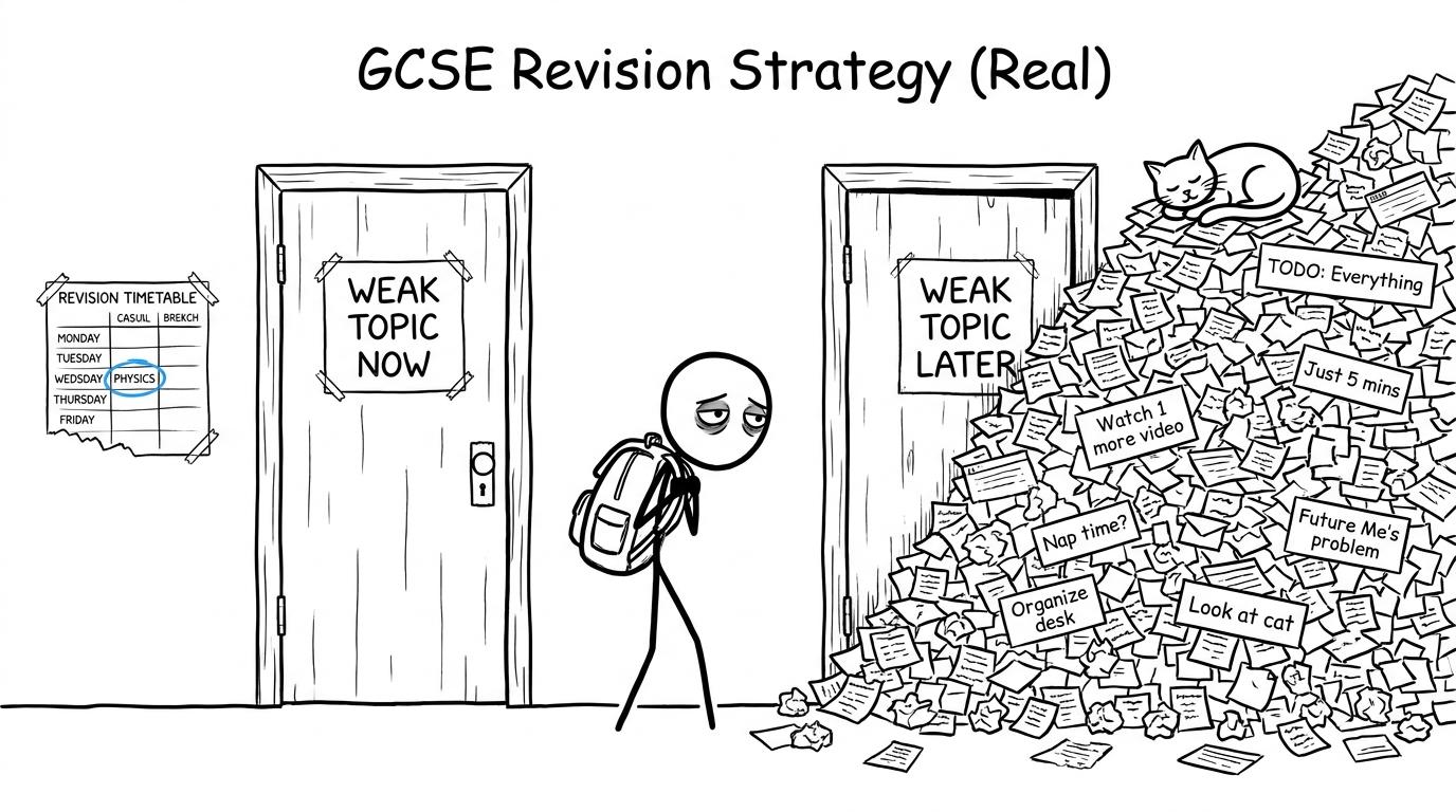 A student choosing between revising a weak topic now or later