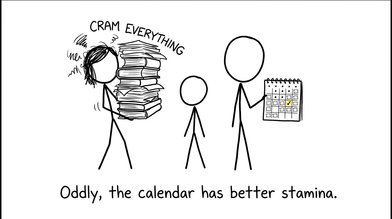 A frantic cramming coach competes with a calm calendar containing study and sleep days