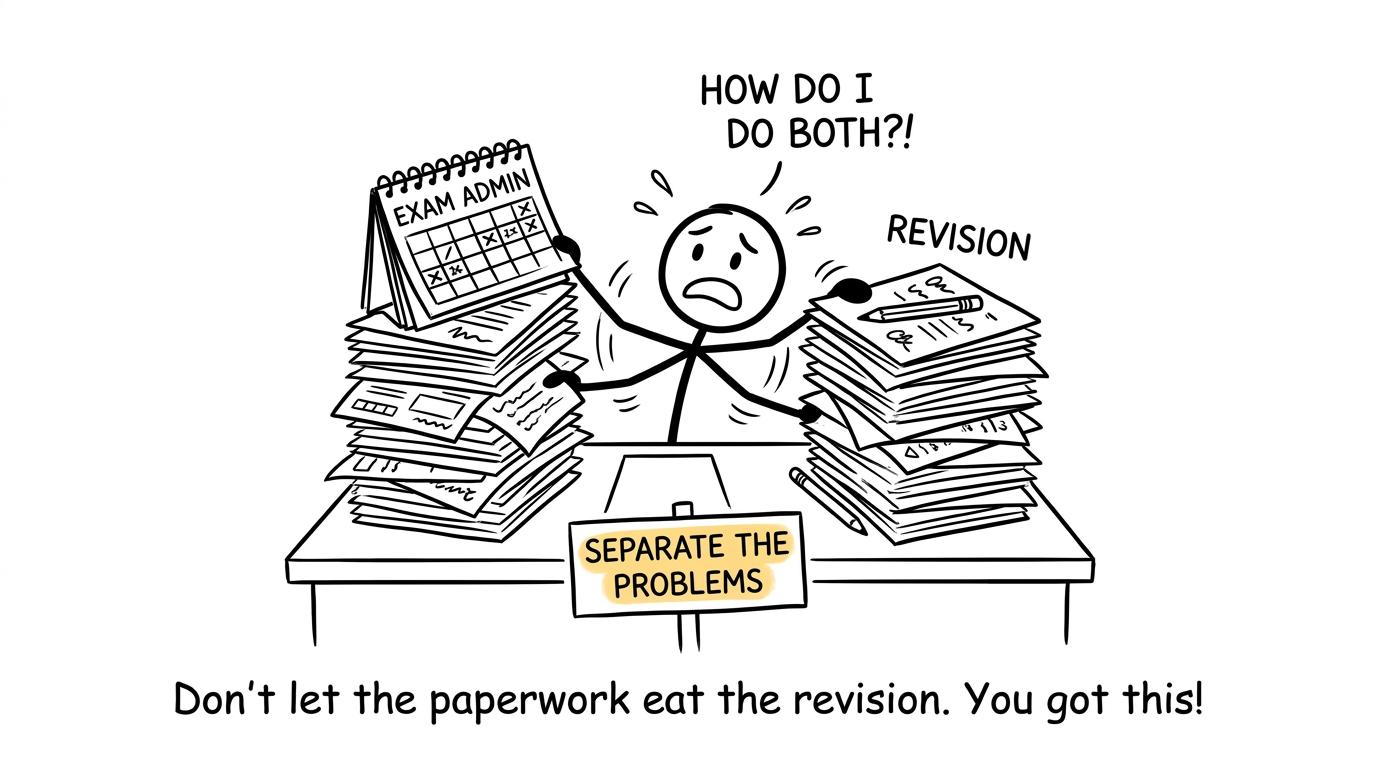 A student separates exam administration from revision