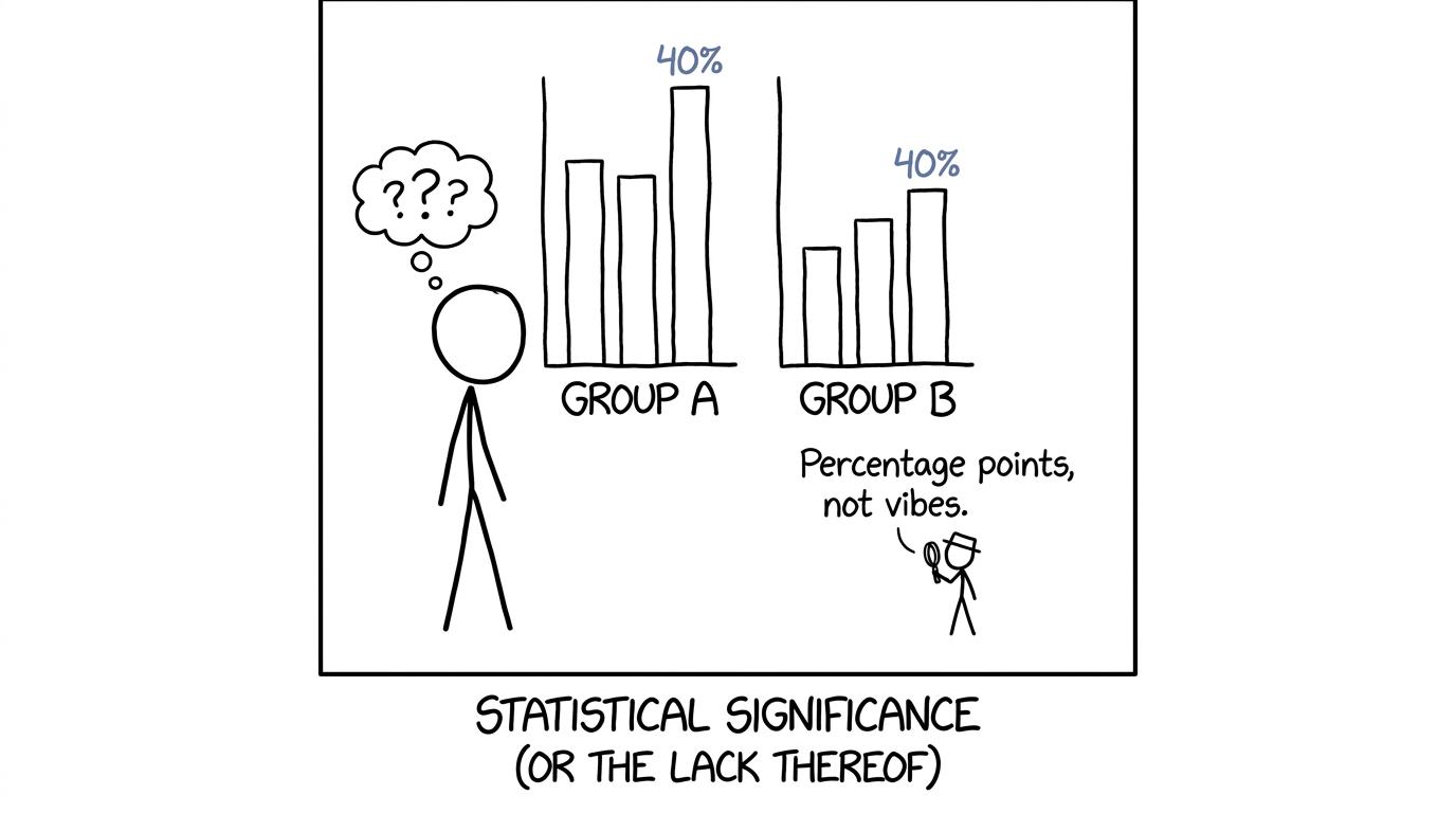 Stick-figure detectives investigate two bar charts and insist on percentage points rather than vibes