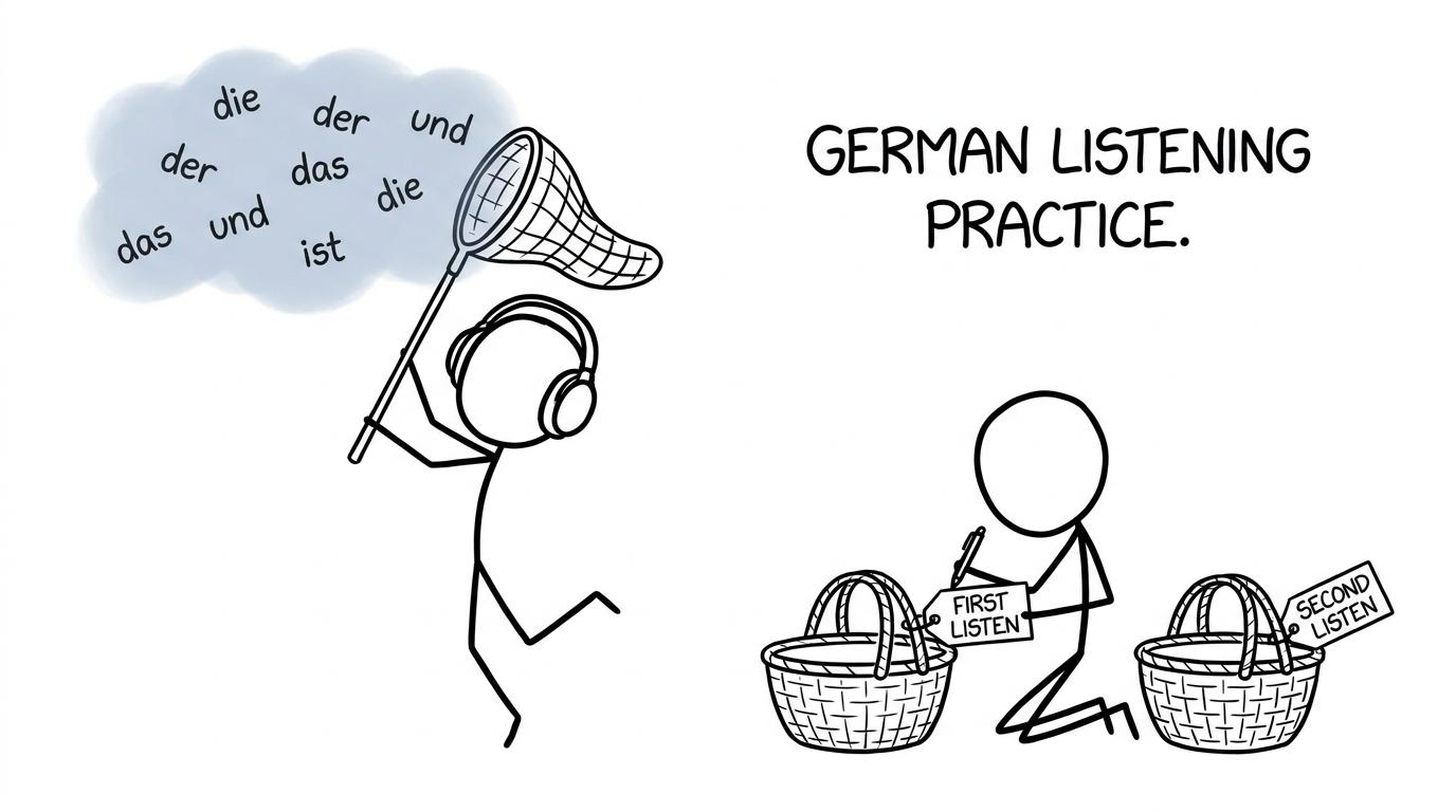 A student catches passing German words by separating the first and second listen