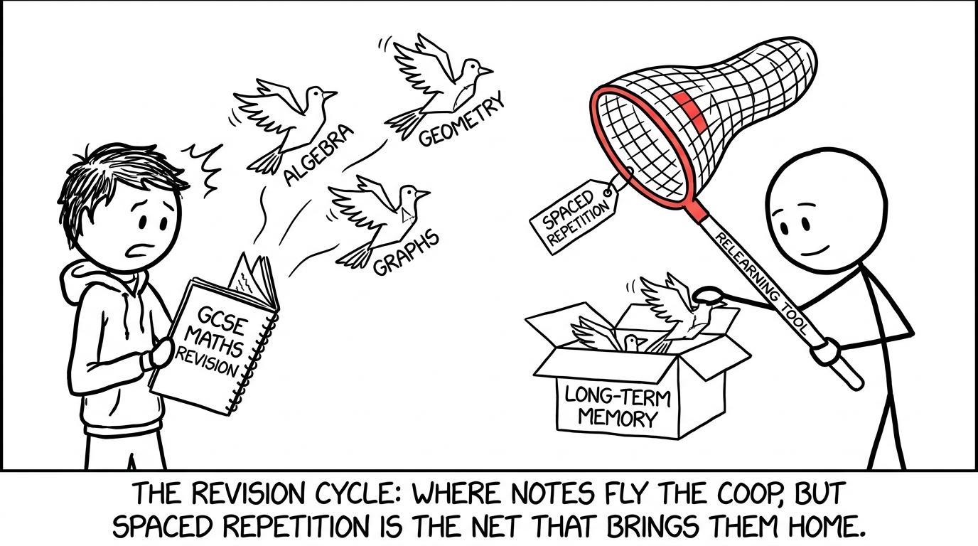 A student catching flying revision topics with a spaced repetition net