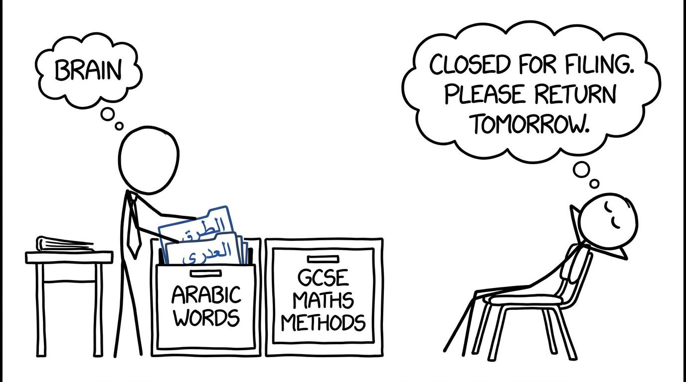 A stick-figure brain filing Arabic words while a student sleeps