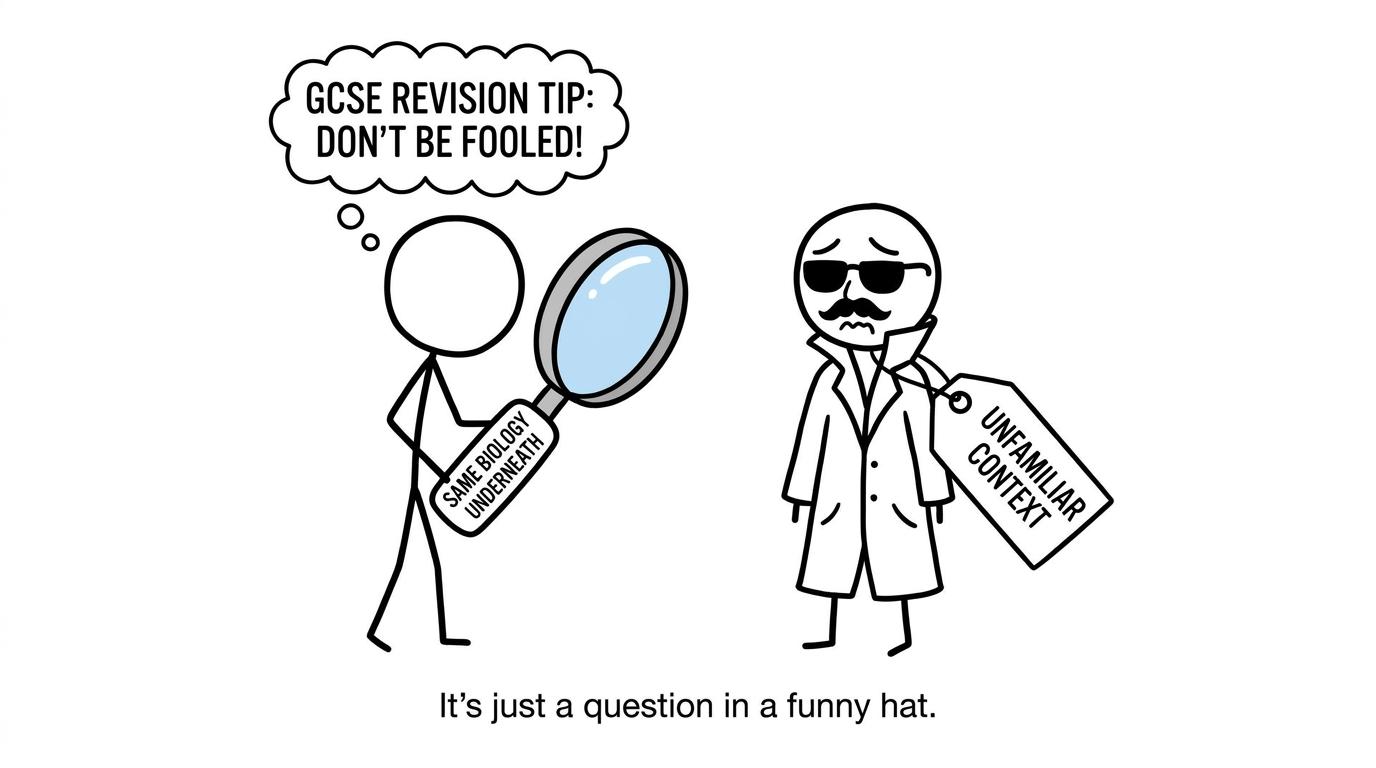 A disguised unfamiliar-context question is recognised as ordinary biology underneath