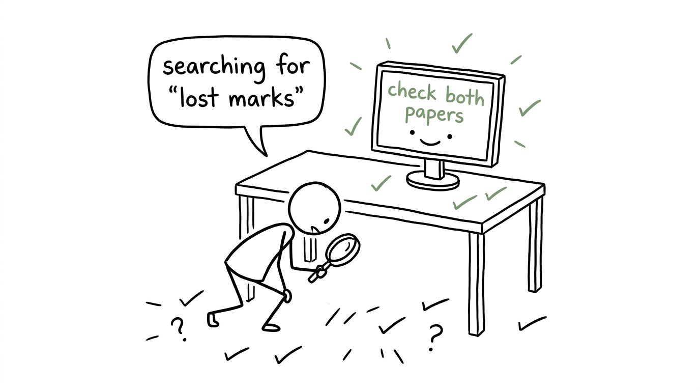 A student searches for lost marks while a computer suggests checking both papers