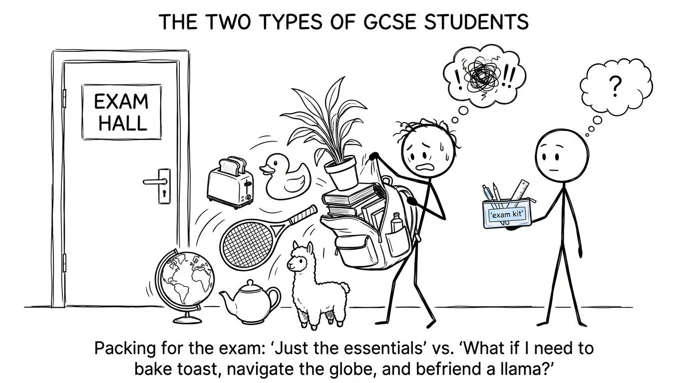 A student discovers that a tiny exam kit is more useful than an enormous overpacked bag